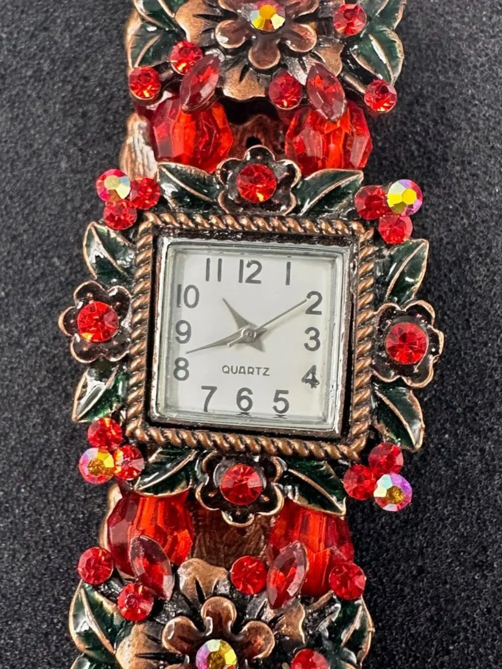 Floral Watch Women Copper Tone Red Rhinestones Stretch Band New Battery